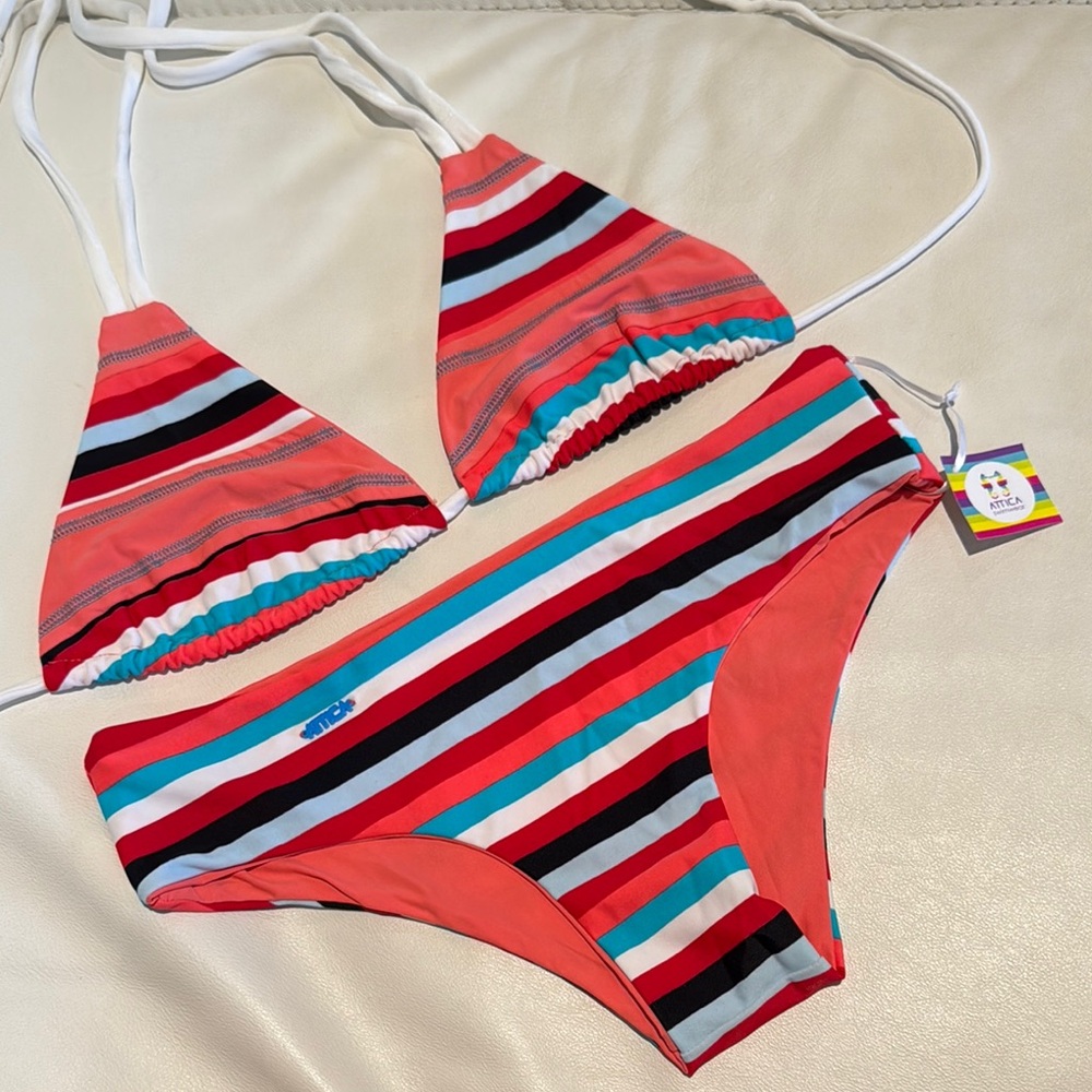 Women small/medium reversible Striped Bikini Set in Red and Blue pink swimwear